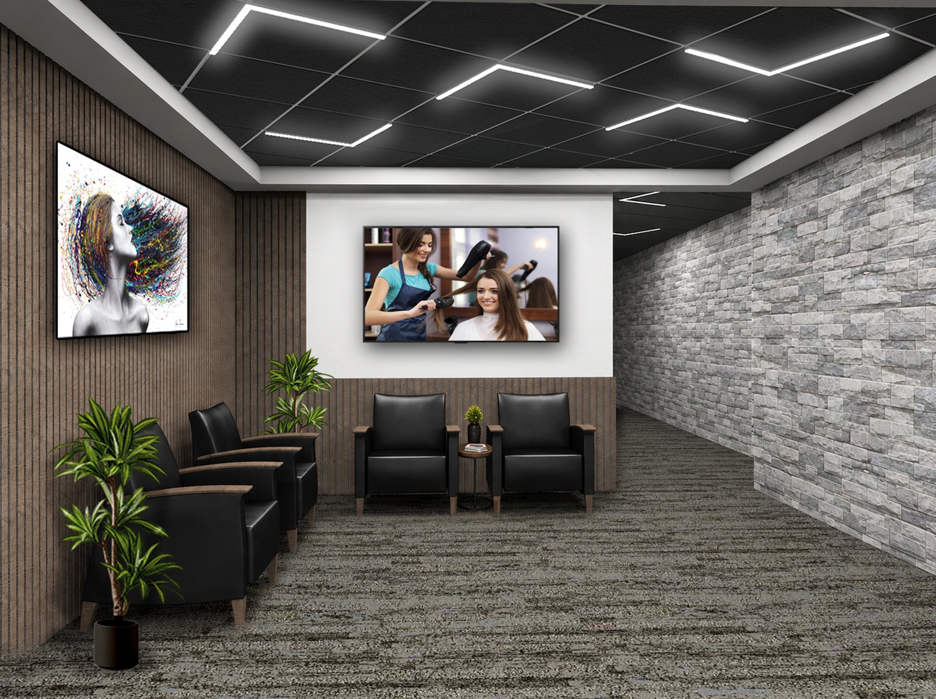 Salon lobby rendering — leather lounge seating, wood slat walls, stone accent wall and geometric ceiling lighting