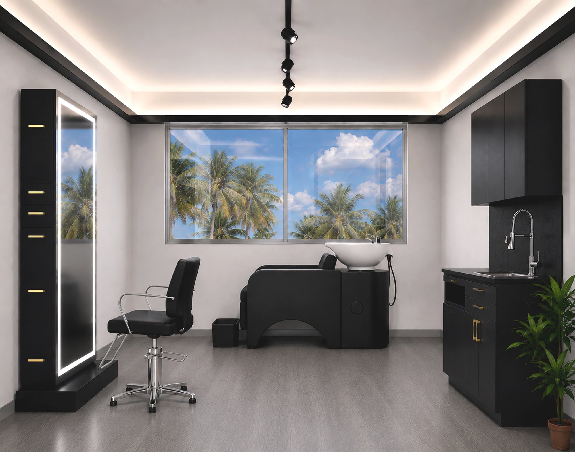 Salon suite rendering — LED full-length styling station, styling chair, backwash system, black cabinetry with gold hardware and a view of the palms